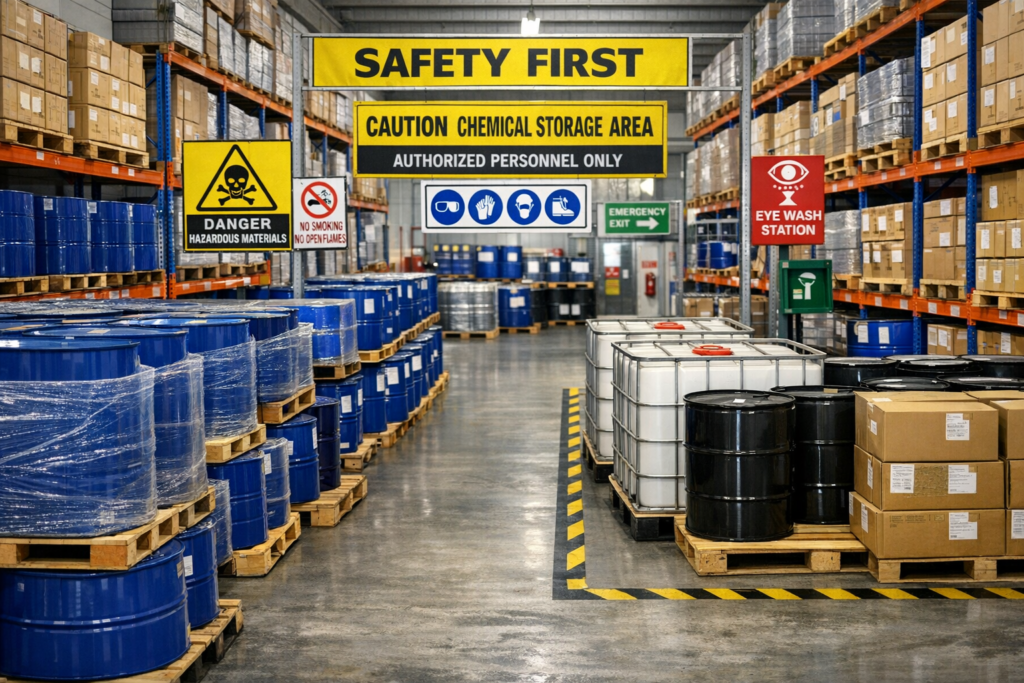 organised chemical warehouse with safety signage and palletised drums