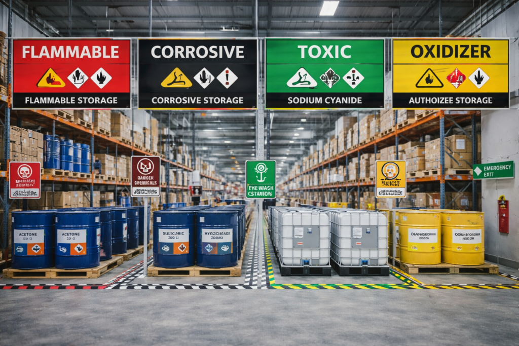 Warehouse section divided into labelled hazard zones