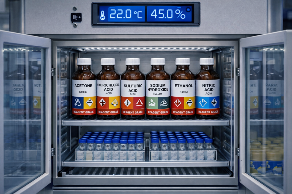 Climate-controlled storage cabinet with monitoring display.