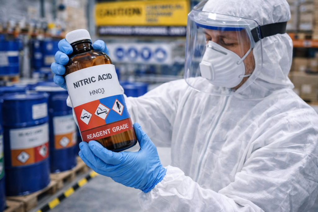 Worker wearing PPE handling chemical container properly