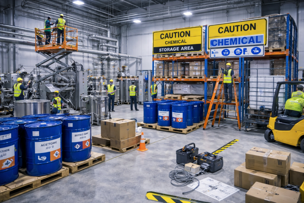 New manufacturing facility under setup, with equipment installation and chemical storage area being prepared