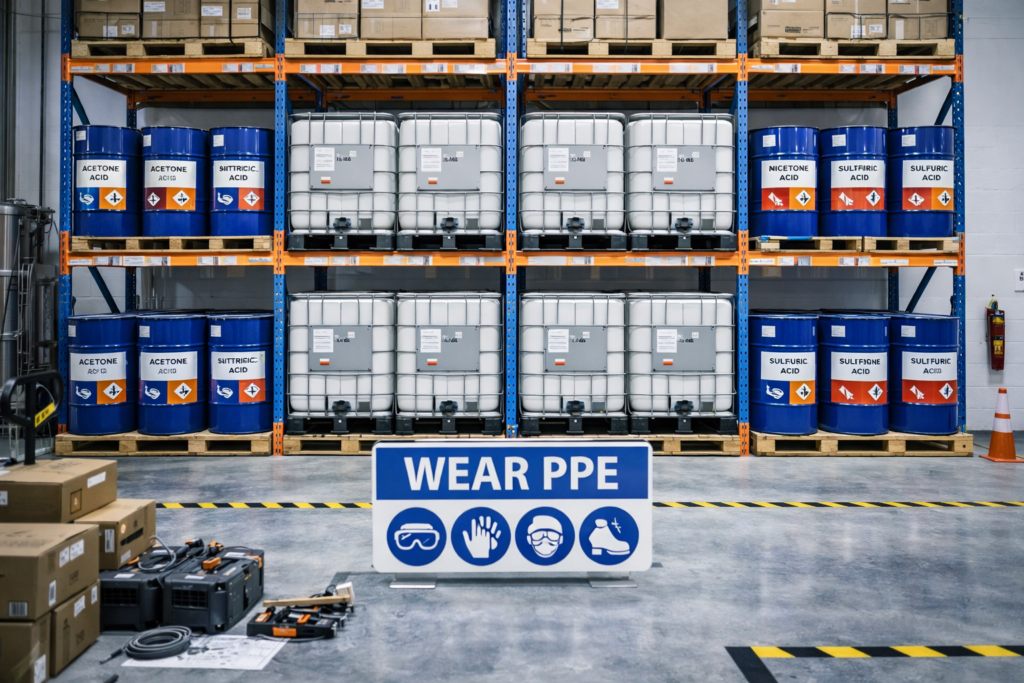 Clean warehouse shelving with labelled containers and PPE signage