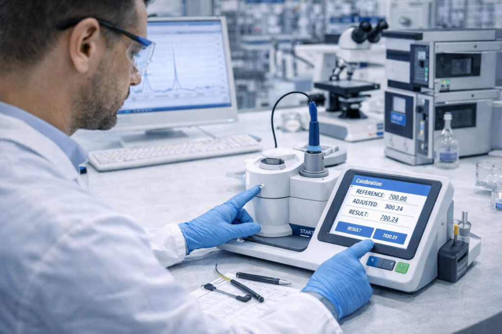 Laboratory technician calibrating testing equipment