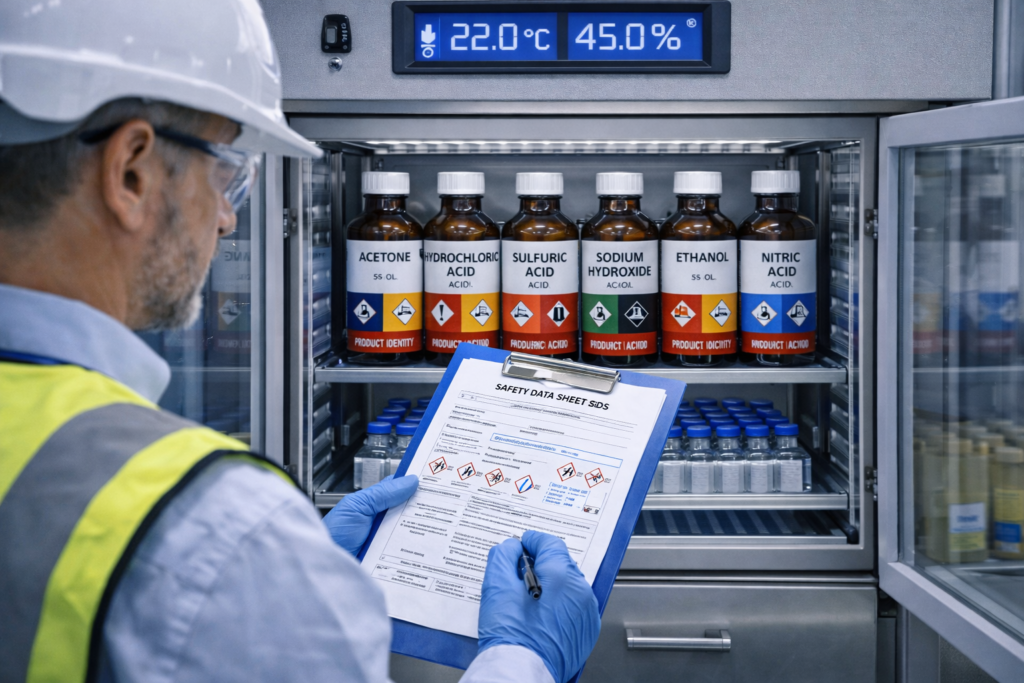 Worker referencing SDS sheet beside storage cabinet