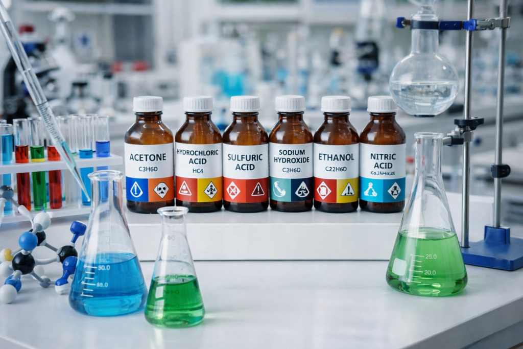 Laboratory setup with glassware and labelled reagent bottles.