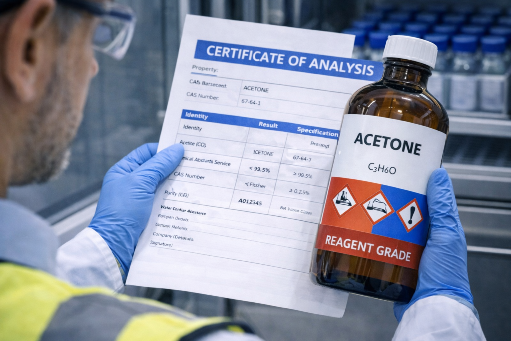 Close-up of laboratory technician comparing COA document with reagent bottle label.