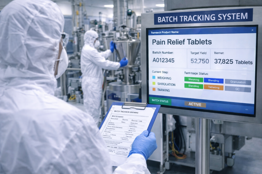 Pharmaceutical production environment with batch tracking screen