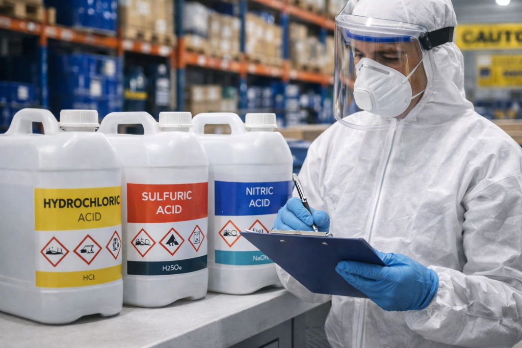 PPE-equipped worker reviewing labelled containers.