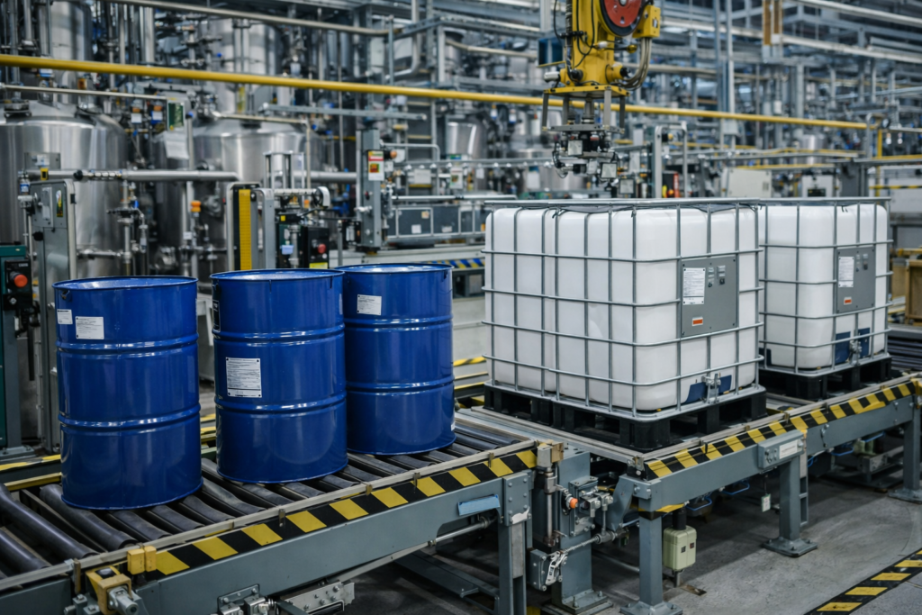 Industrial production line with chemical drums or IBC tanks
