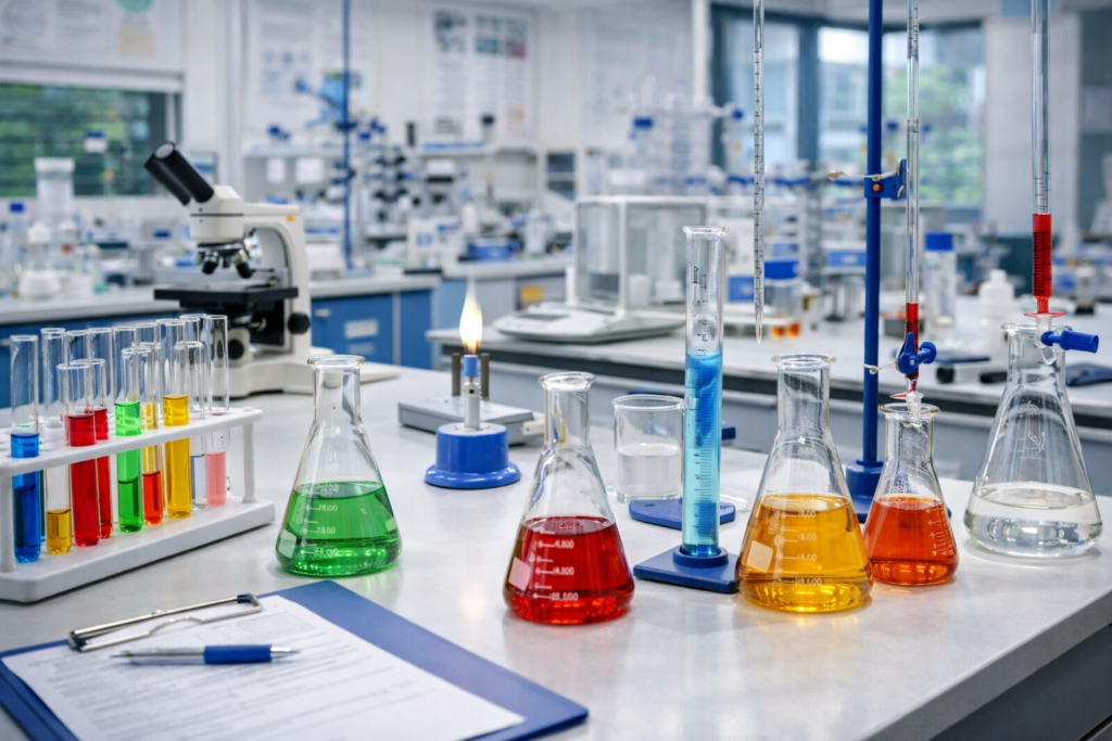 University lab environment with glassware and measuring equipment