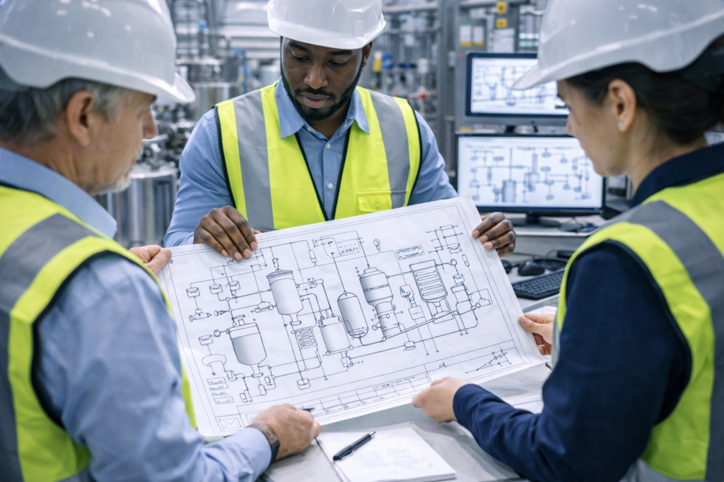 Engineering team reviewing production process flow diagrams